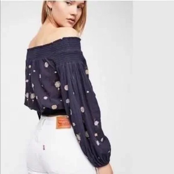 HOST Pick 🎉Free People Saachi Smocked Off-shoulder Embroidered Floral Sleeve Top - Picture 4 of 11